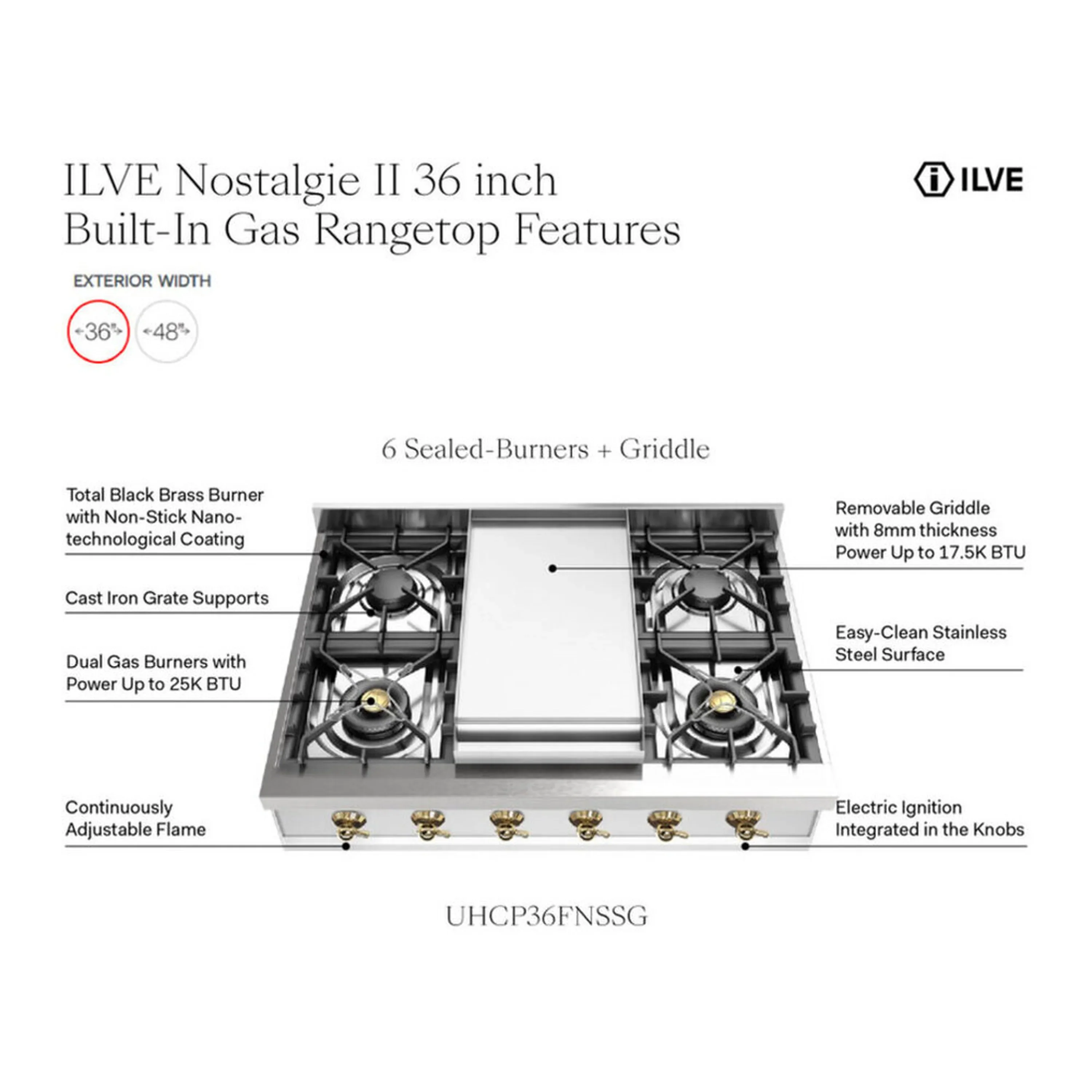 ILVE Nostalgie II 36 inch Built-In Propane Gas Rangetop with 6 Burners and Griddle, in Stainless Steel (UHCP36FNSSBLP) - Image 9