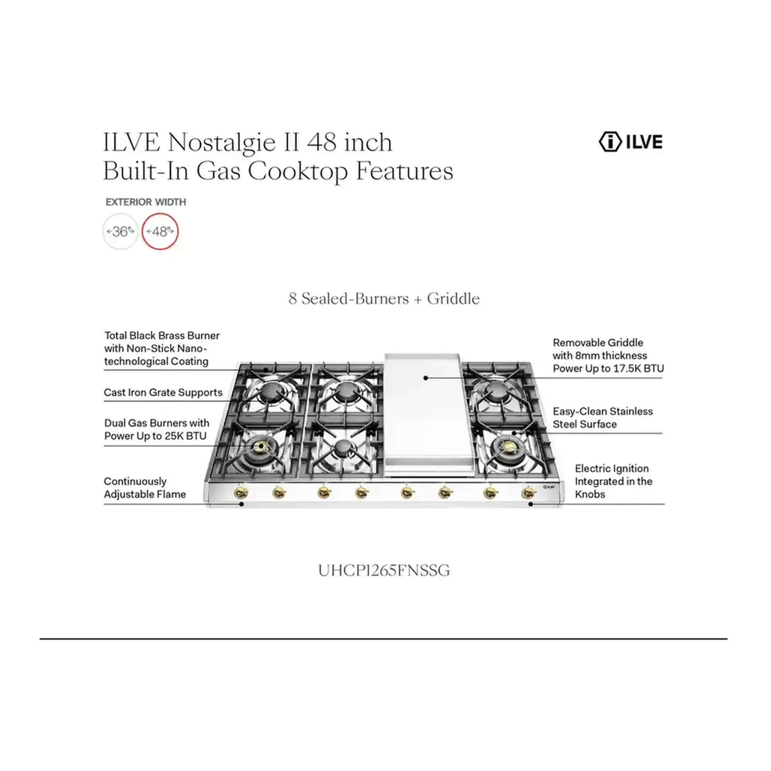 ILVE Nostalgie II 48 inch Built-In Propane Gas Cooktop with 8 Burners, Griddle, in Stainless Steel (UHCP1265FNSSCLP) - Image 9