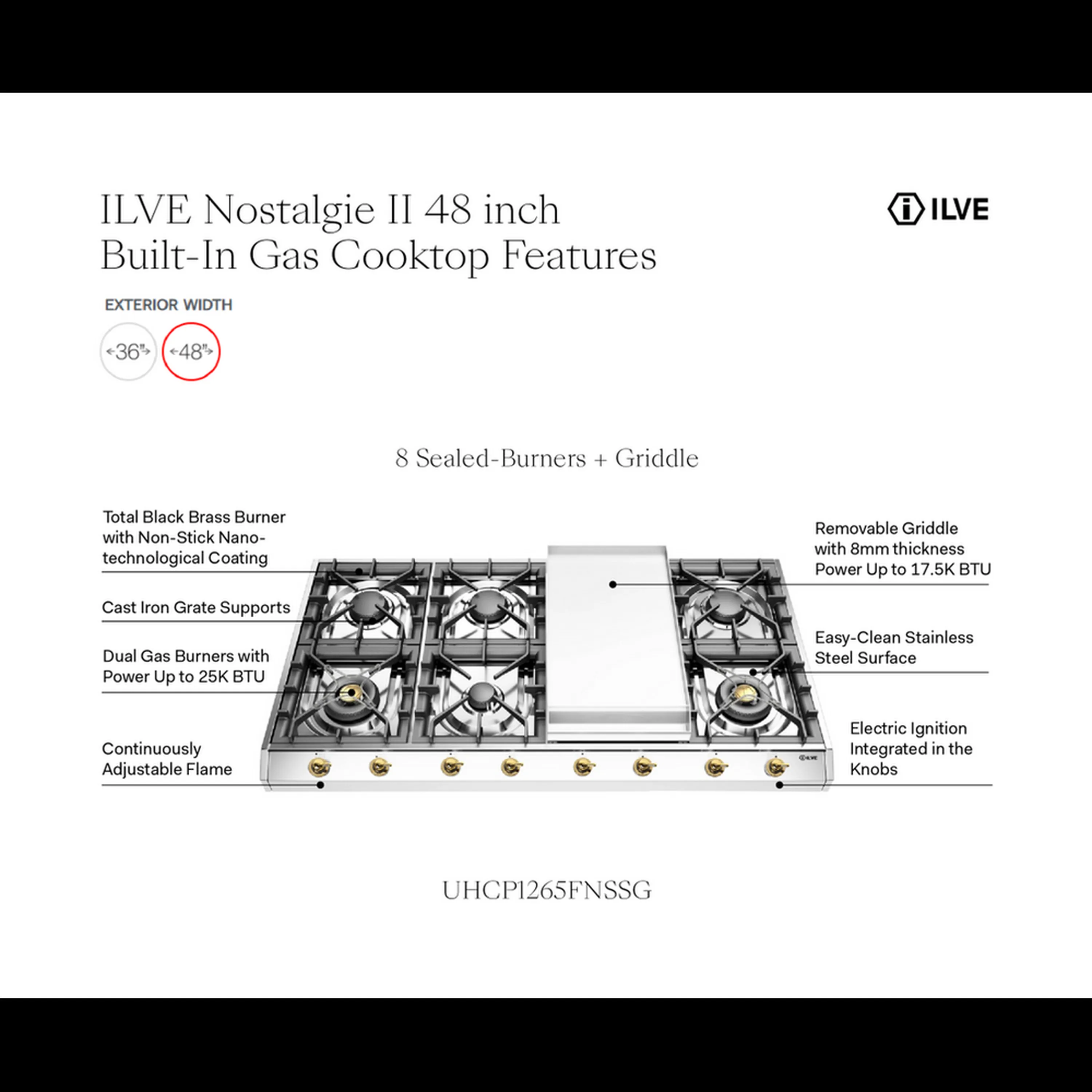 ILVE Nostalgie II 48-Inch Built-In Natural Gas Cooktop with 8 Burners, Griddle in Stainless Steel (UHCP1265FNSSG) - Image 9