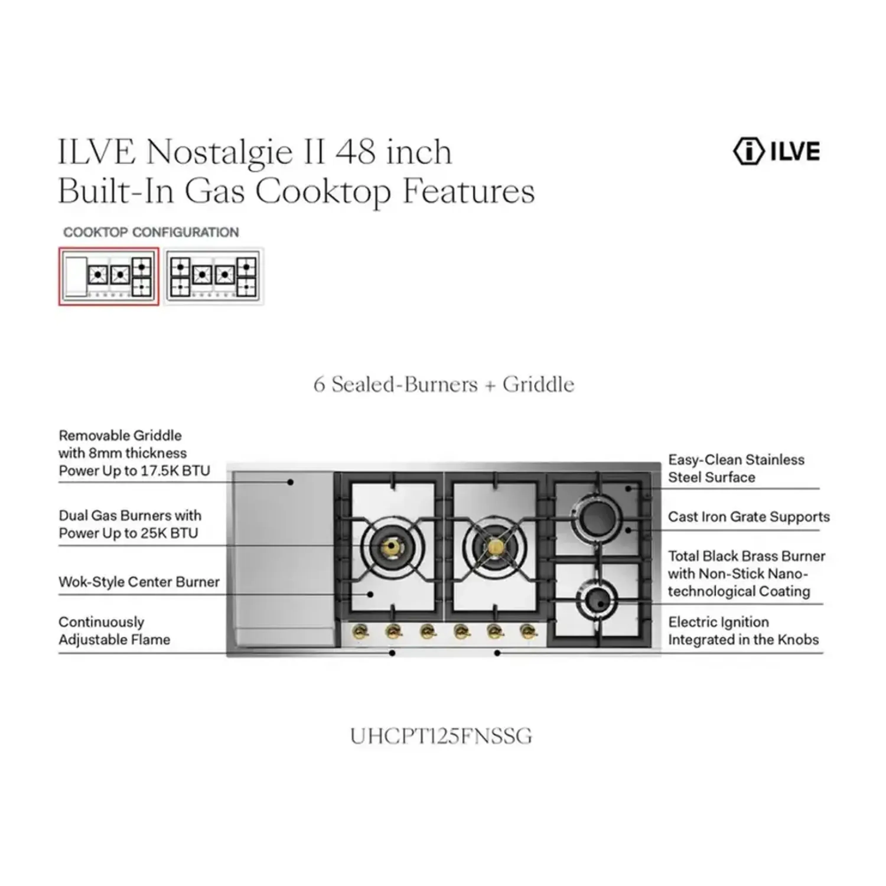ILVE Nostalgie II 48 inch Built-In Propane Gas Cooktop with Total Black Brass Burners, in Stainless Steel (UHCPT125FNSSCLP) - Image 8