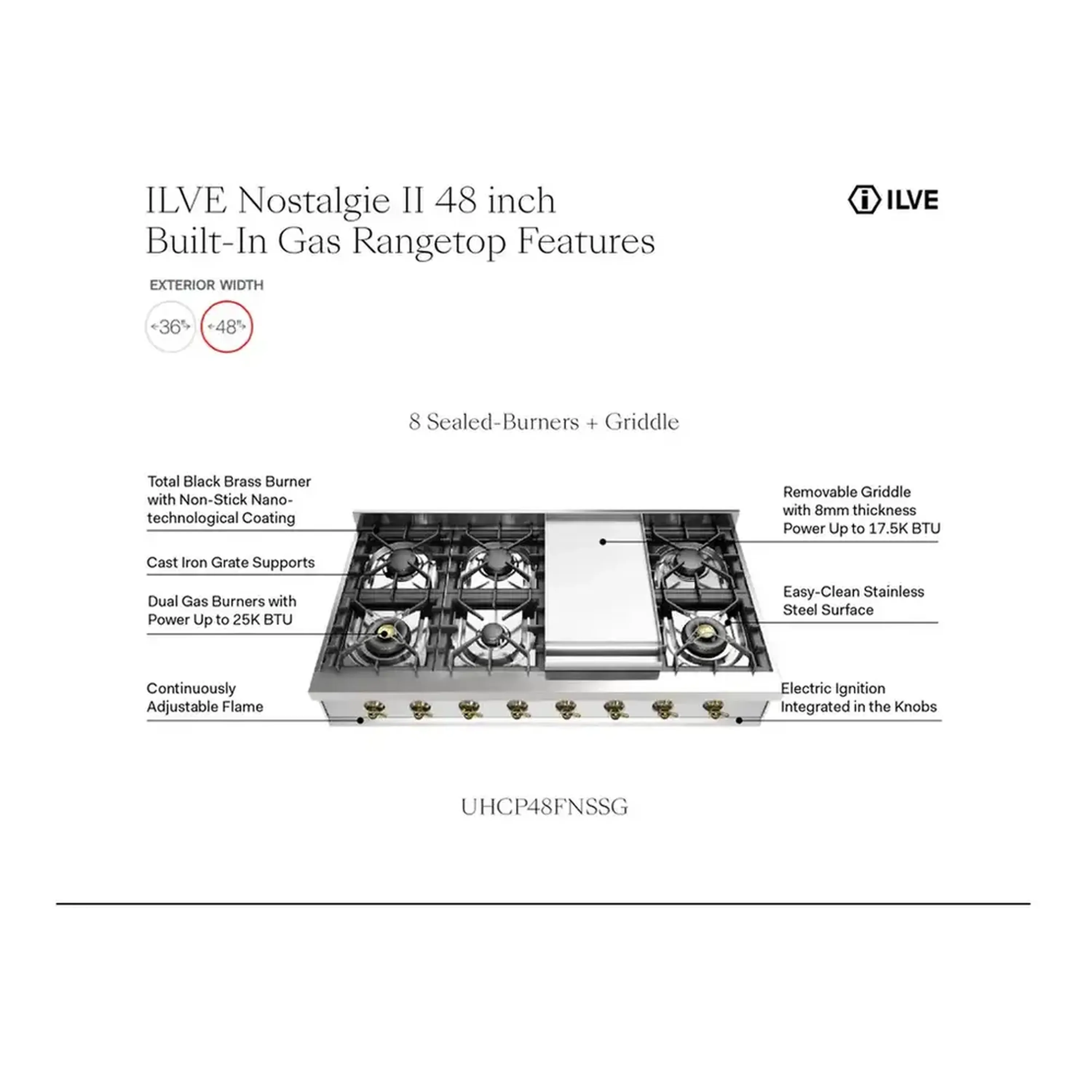 ILVE Nostalgie II 48 inch Built-In Natural Gas Rangetop with Griddle, in Stainless Steel (UHCP48FNSSP) - Image 9