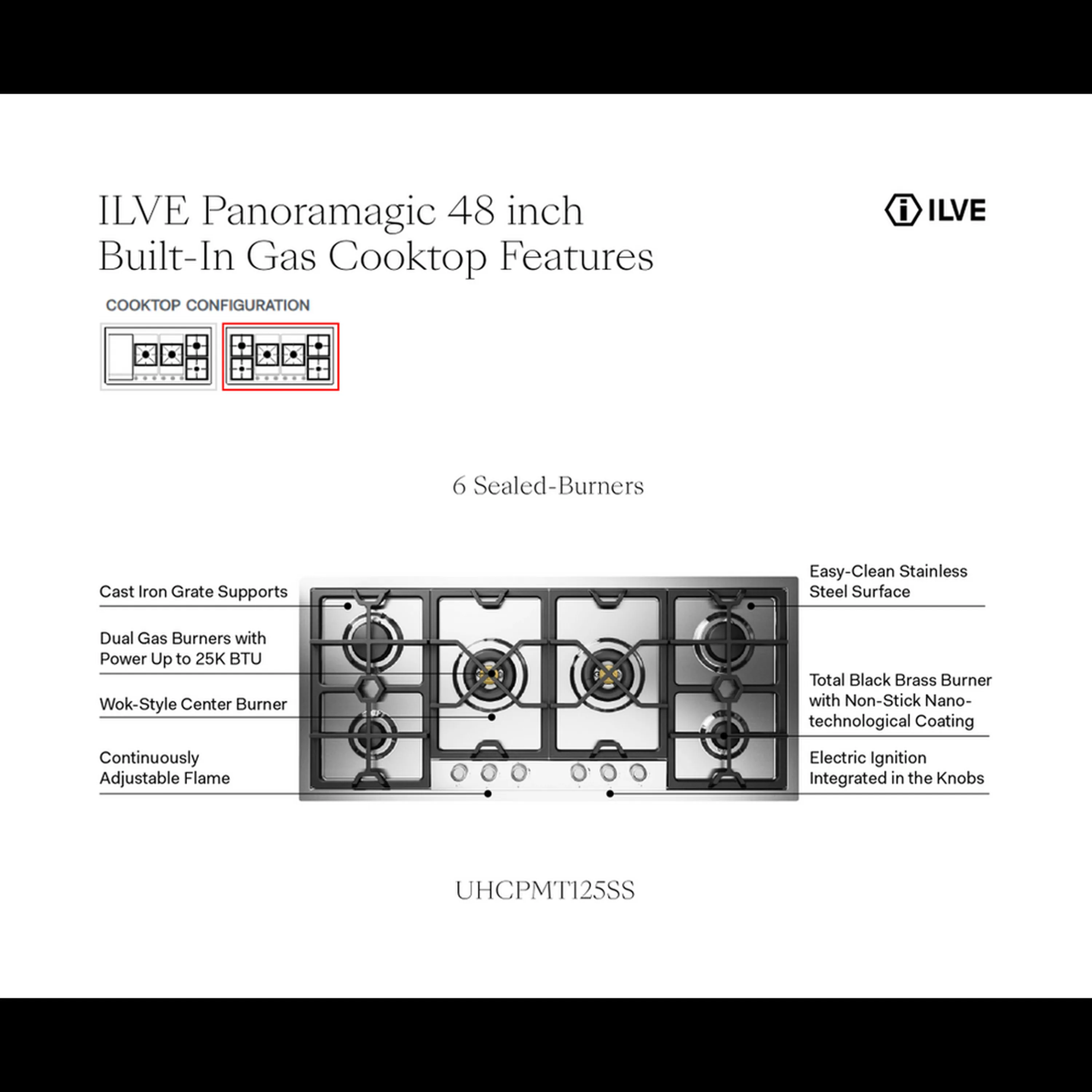 ILVE Panoramagic 48-Inch Built-In Gas Cooktop with Total Black Brass Burners in Stainless Steel (UHCPMT125SS) - Image 10