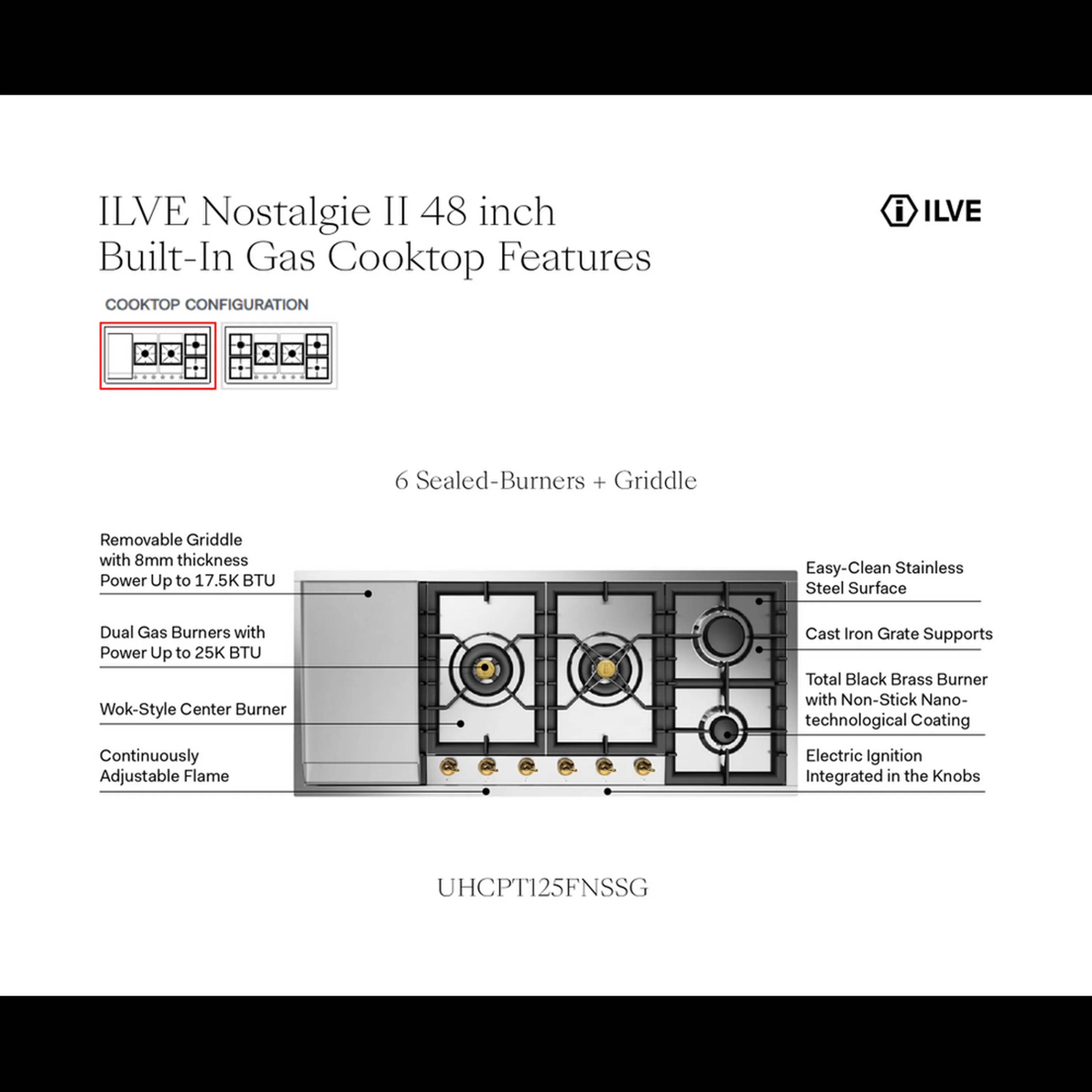 ILVE Nostalgie II 48-Inch Built-In Gas Cooktop with Total Black Brass Burners in Stainless Steel with 6 Sealed Burners & Left Griddle (UHCPT125FNSSG) - Image 8